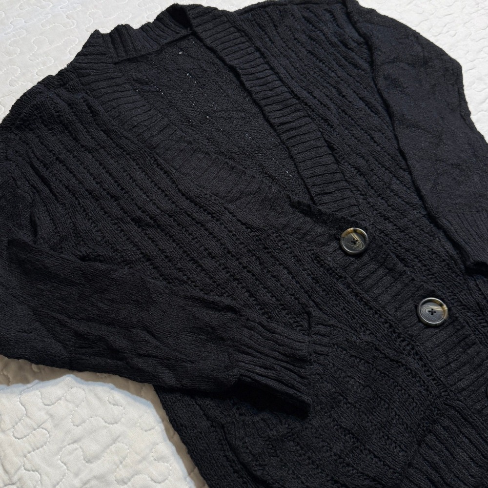 Women L Cardigan Black Cable Knit V-Neck Button Front Pockets GRANOLA GOTH BASIC